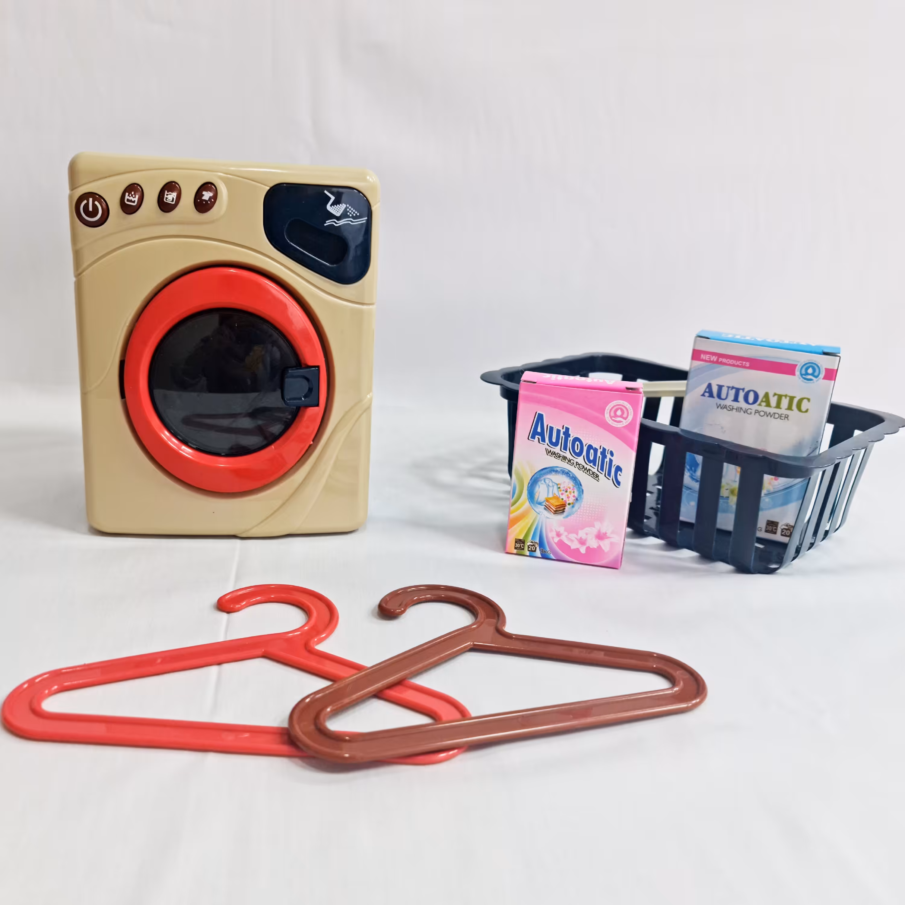 ماشین لباسشویی اسباب بازی  خارجی مدل mini appliance  تک رنگ به همراه دو عدد آویز لباس،یک عدد سبد رخت و دو  جعبه پودر  