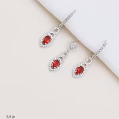 نیم ست با سنگ قرمز نقره عیار 925 ظریف مشابه طلا کد 3101