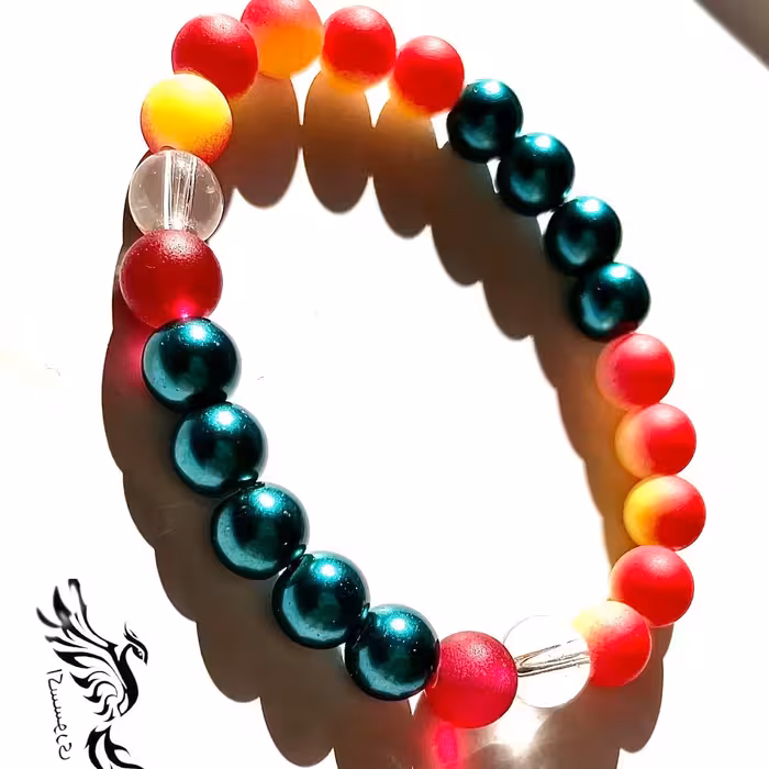 دستبنددستساز سنگ اونیکس شیشه ای مات و شفاف به همراه مروارید اکسسوری ققنوس