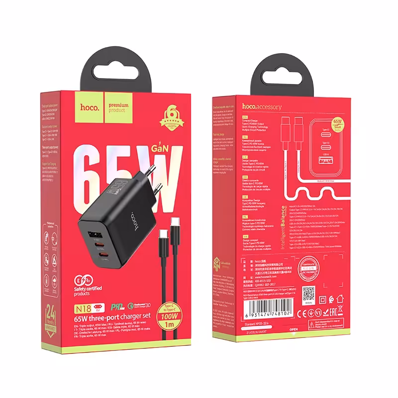 شارژر دیواری هوکو همراه با کابل تایپ سی به تایپ سی مدل N18 hoco. با 1 سال گارانتی تعویض از لحظه ی خرید 