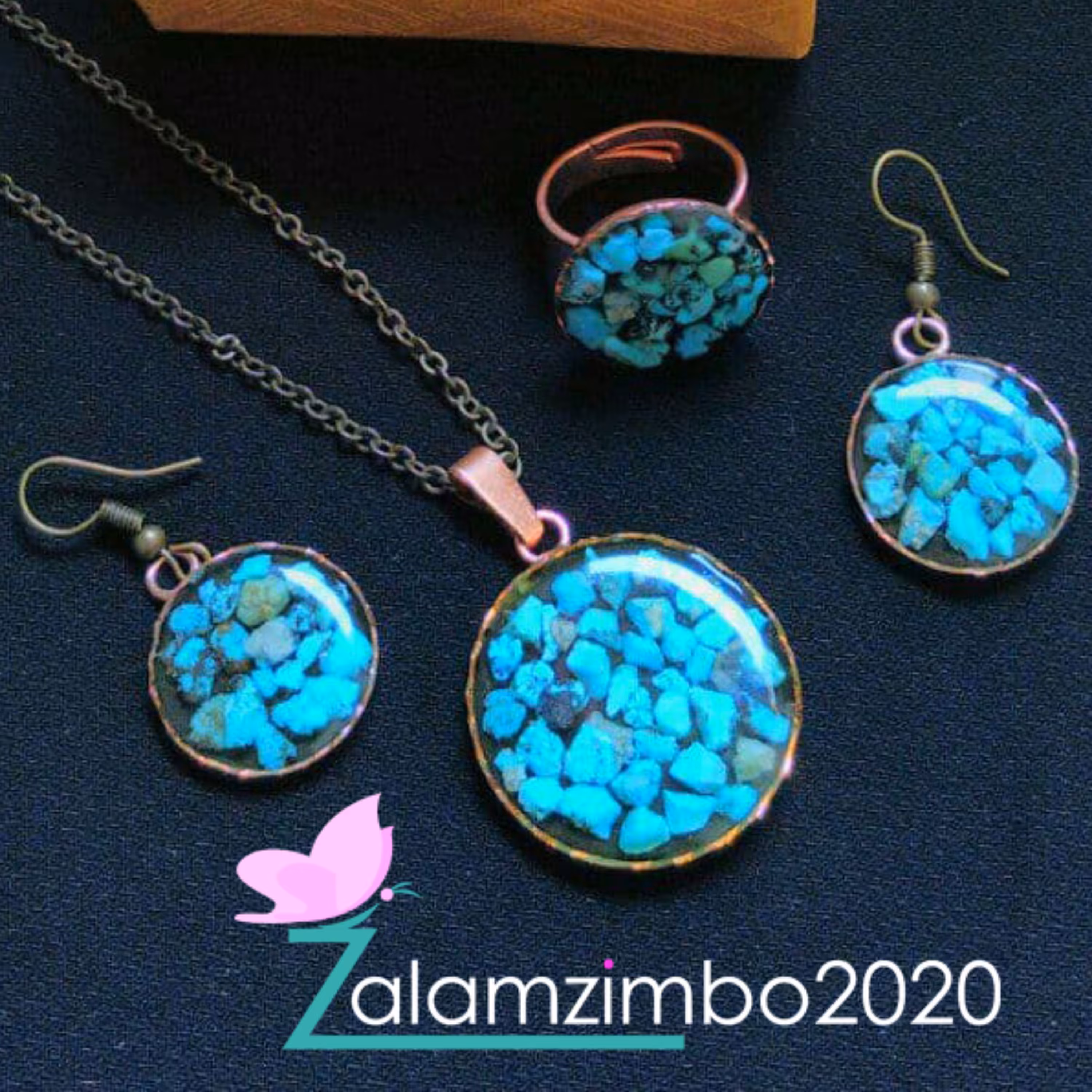 ست کامل گردنبند و انگشتر و گوشواره فیروزه مسی