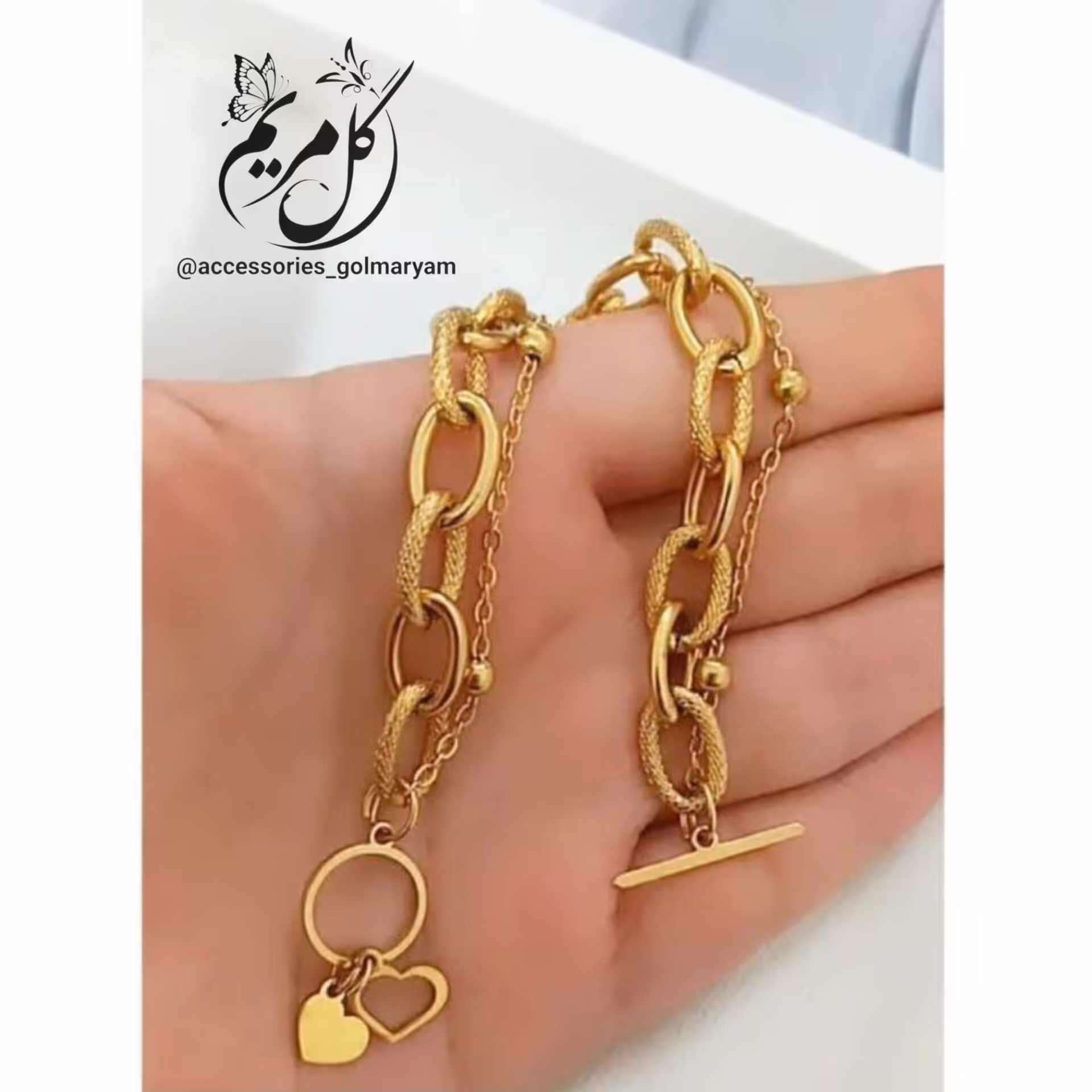 دستبند دولاین زنجیر مستطیلی و زنجیر خلخال آویز دار استیل رنگ ثابت رنگ طلایی