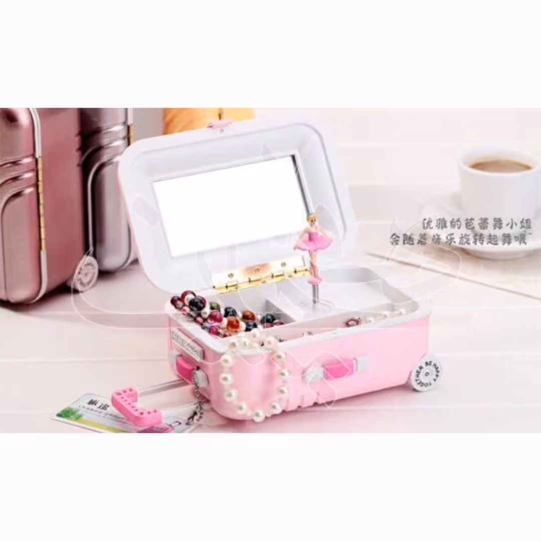 جعبه جواهرات طرح چمدان موزیکال - رنگ صورتی - همراه با آینه