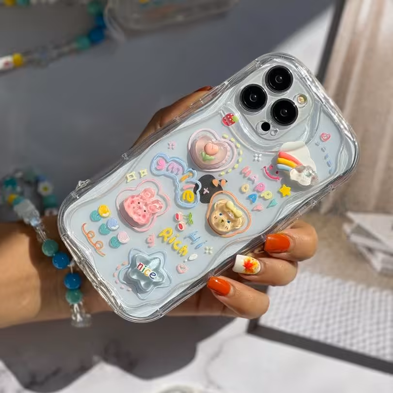 قاب گوشی خرس و خرگوش اپوکسی شفاف همراه بند مناسب گوشی سامسونگ شیائومی و آیفون 