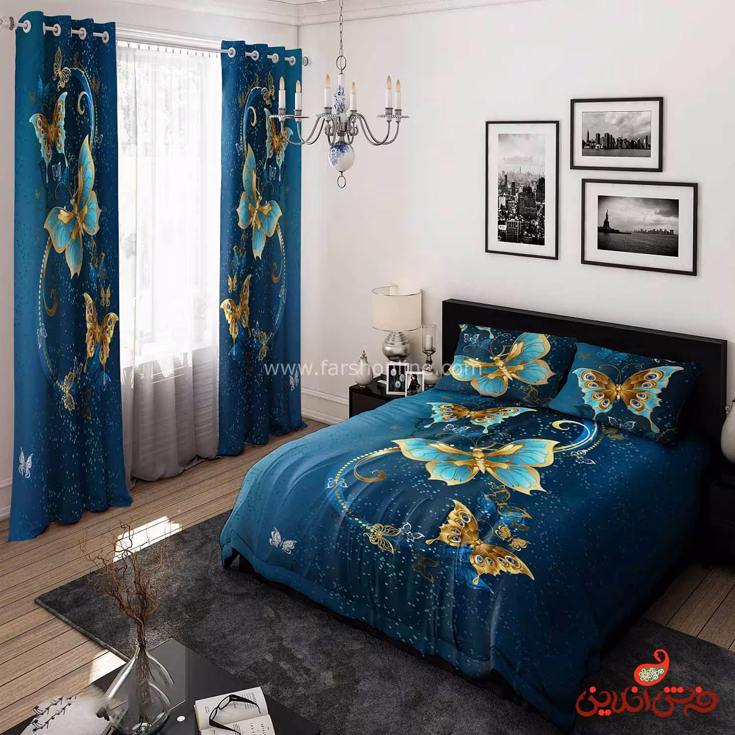 روتختی طرح پروانه آبی و طلایی کد 15349