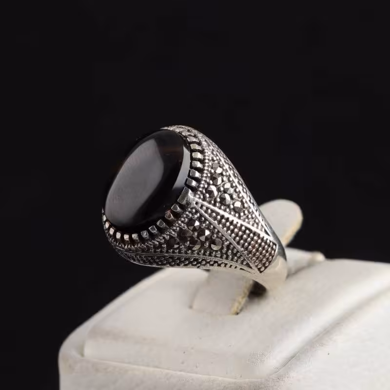 انگشتر  نقره مردانه عقیق یمنی اصل سوپر مارکازیت