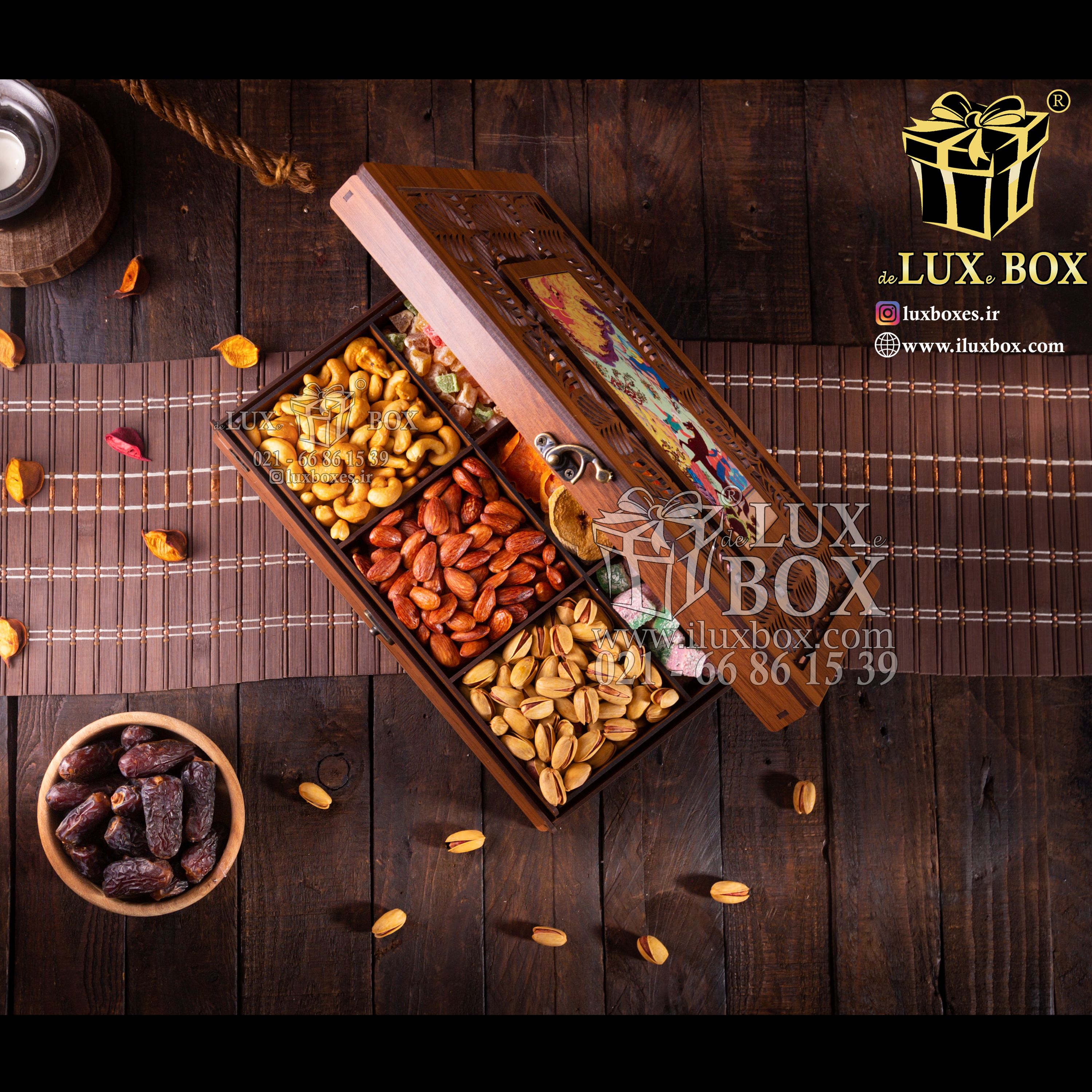جعبه آجیل و خشکبار جعبه پذیرایی جعبه چوبی مدل شاه عباسی کد LB044