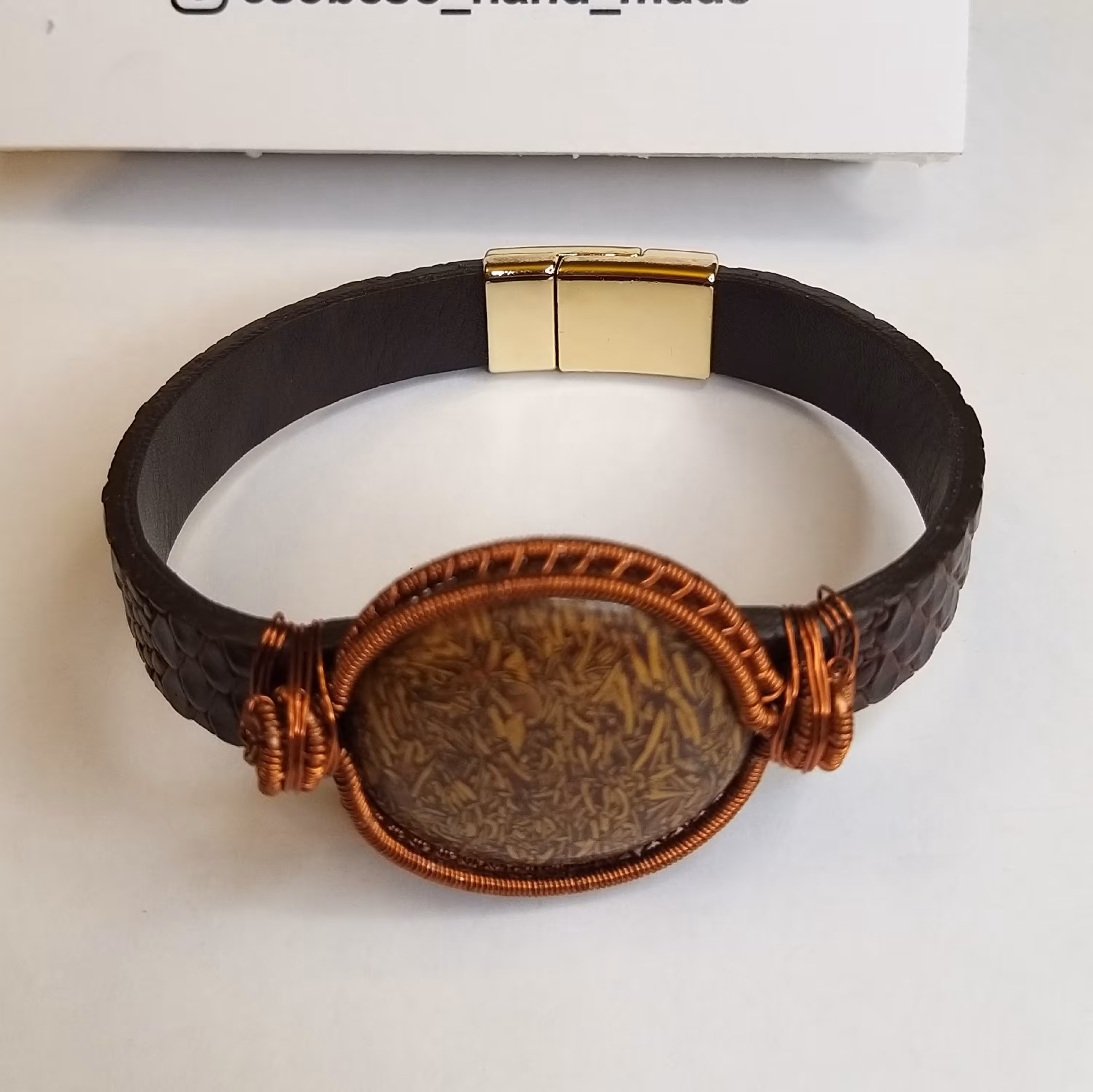 دستبند چرم سنگ جاسپر و مفتول مسی