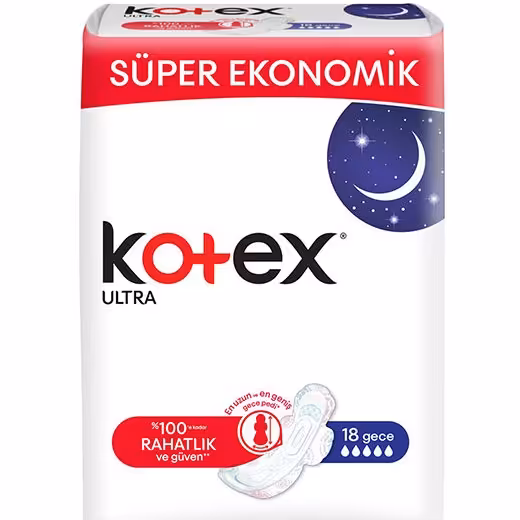 نوار بهداشتی کوتکس ویژه شب مدل ULTRA تعداد 18 عدد، 100٪ پنبه، ساخت ترکیه، ضد حساسیت