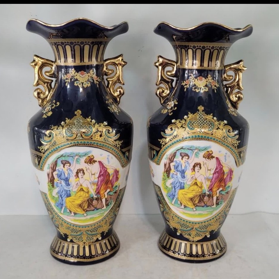 گلدان چینی دکوری کادویی دو عددی چینی سرمه ای طرح سه لیلی آنتیک و خاص طلاکوبی جهیزیه دکوری سایز30 ارسال پسکرایه