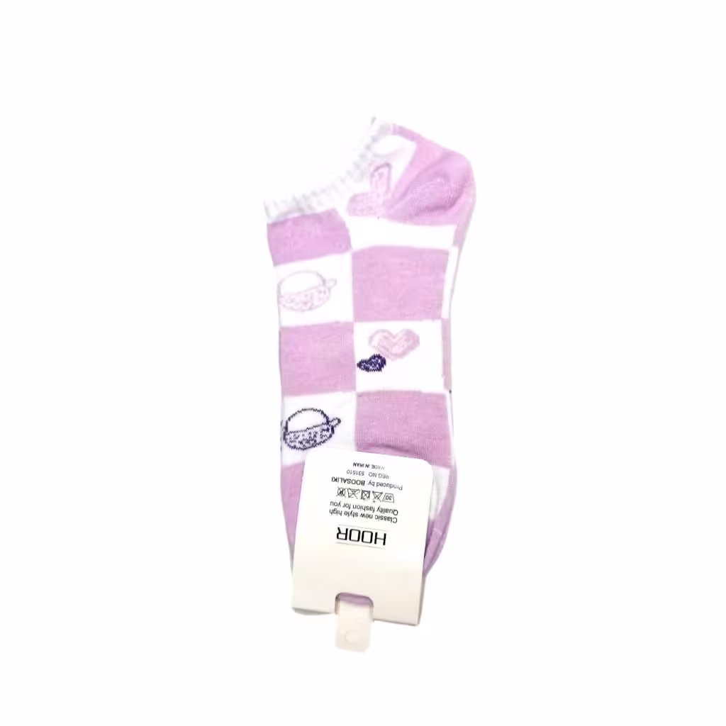 جوراب ساق کوتاه اسپرت طرح شطرنجی سفید صورتی