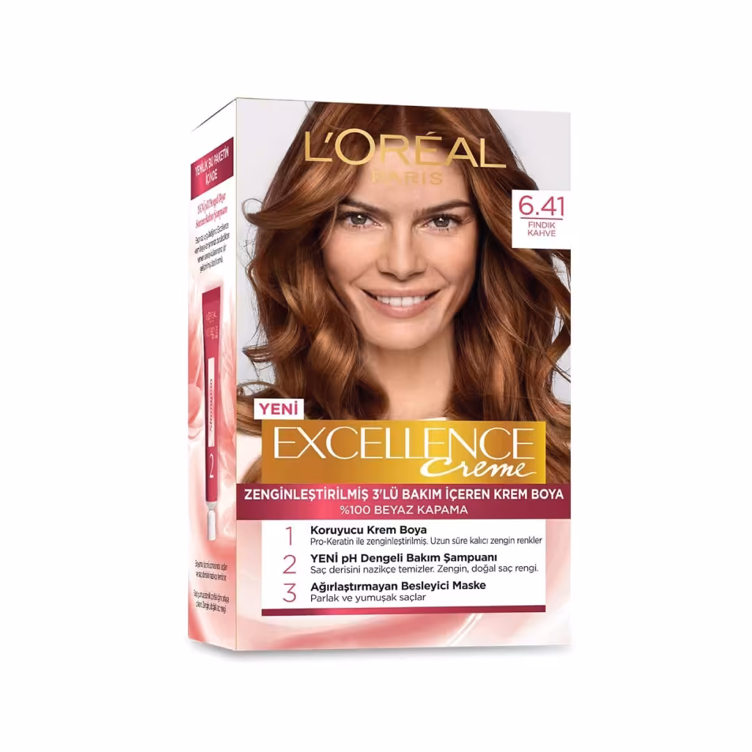 کیت رنگ مو لورآل شماره 6.41 سری Excellence Creme رنگ قهوه ای فندقی