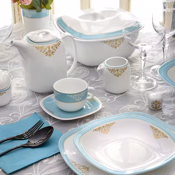 سرویس چینی 98 پارچه کامل آرمیتاژ فیروزه ای 12 نفره کواترو