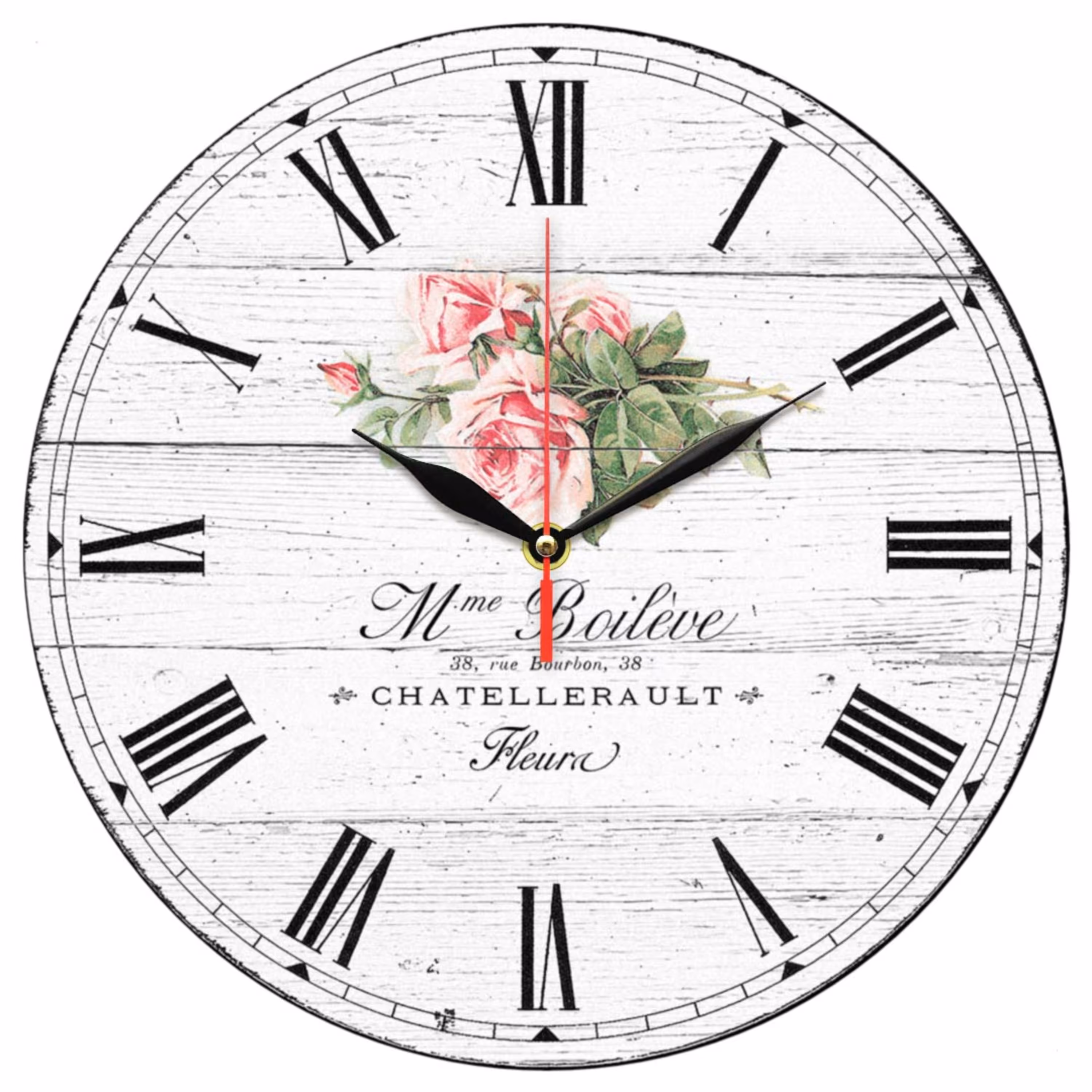 ساعت دیواری گرد مدل 1129 طرح چوب سفید و گل رز صورتی سایز 30