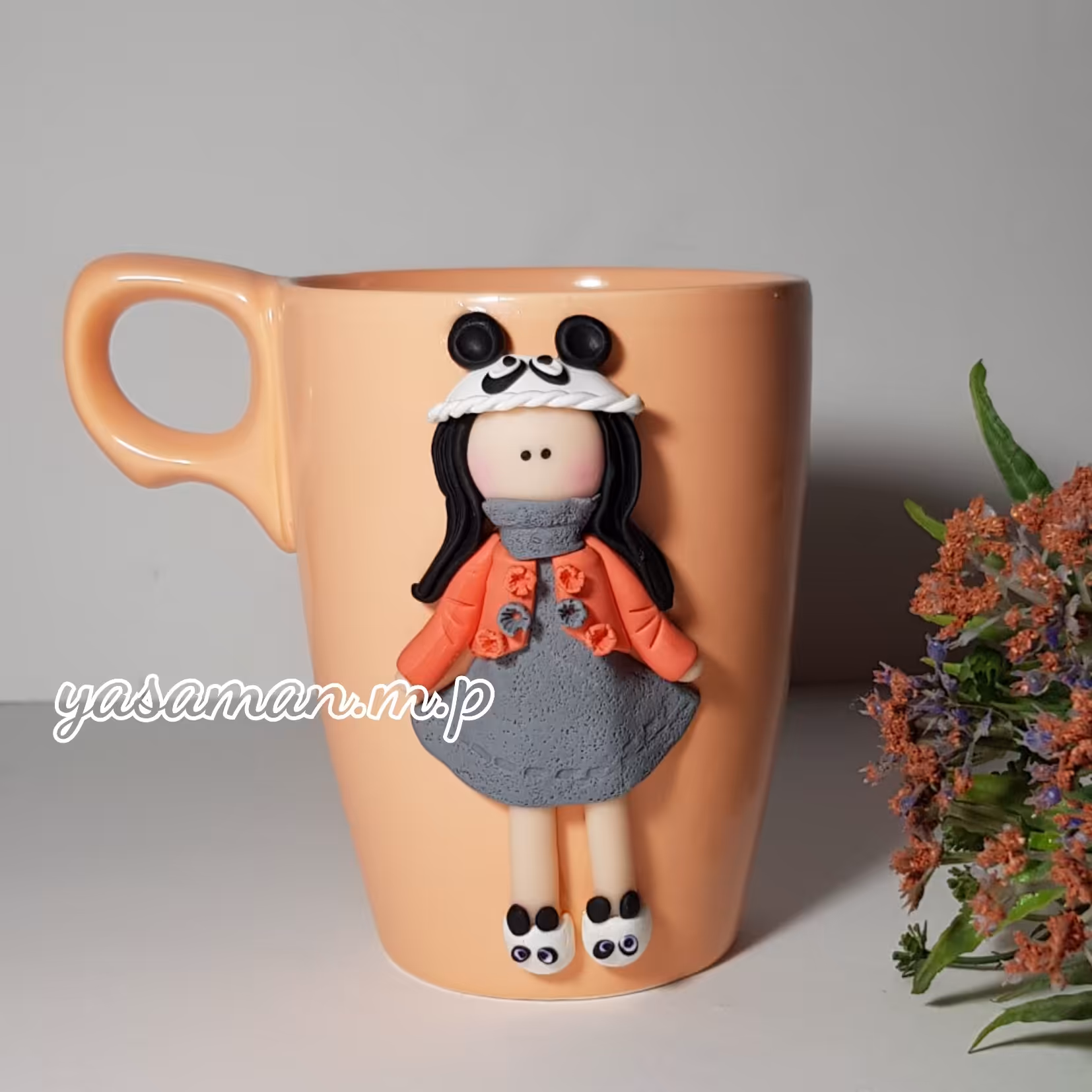 ماگ پاندایی،رنگ ماگ و مدل لباس قابل تغییر،کلاه قابل حذف،خمیر فیمو المانی،حرارتی،قابل شستشو