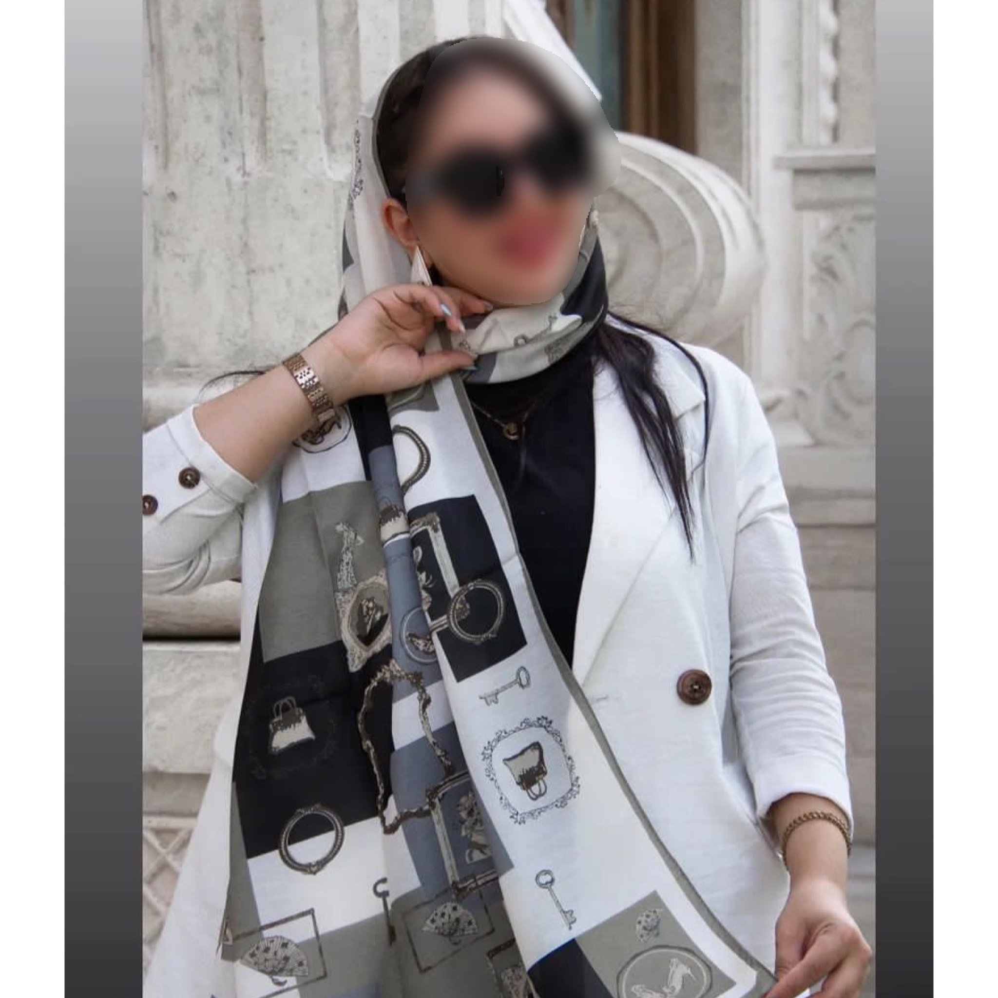 شال ابریشم توییل طرح کلاسیک سفیدمشکی (ارسال رایگان)مزونی