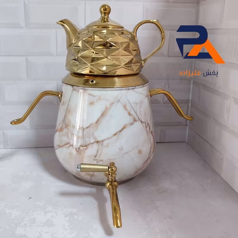  سماورکتری قوری روگازی طرح سنگ سفید کرم 1005  شیردار کف چدن  قوری شکس برنداف آر