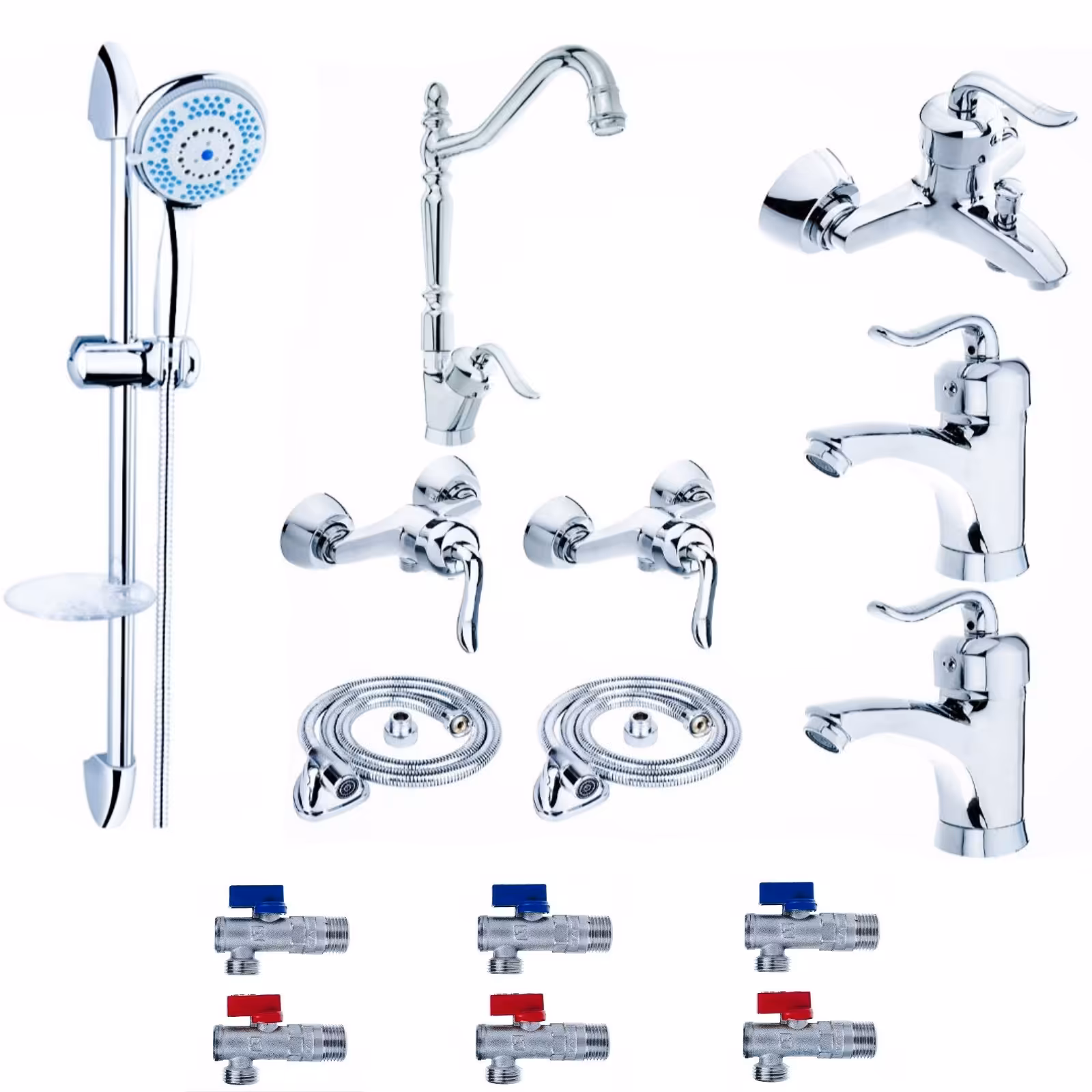 ست شیرالات رز مدل بیزانس مکس مجموعه 15 عددی کروم به همراه علم دوش حمام و شلنگ و شیر های پیسوار