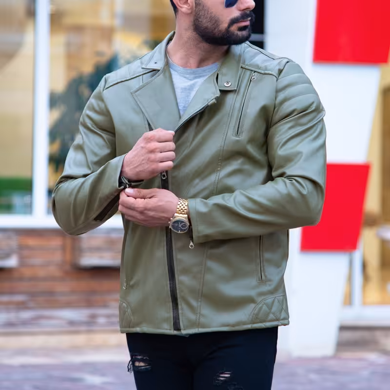 کاپشن چرم زیپ کج زیتونی

