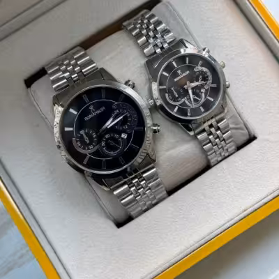 ست ساعت مچی مردانه و زنانه نقره ای صفحه مشکی رومانسون