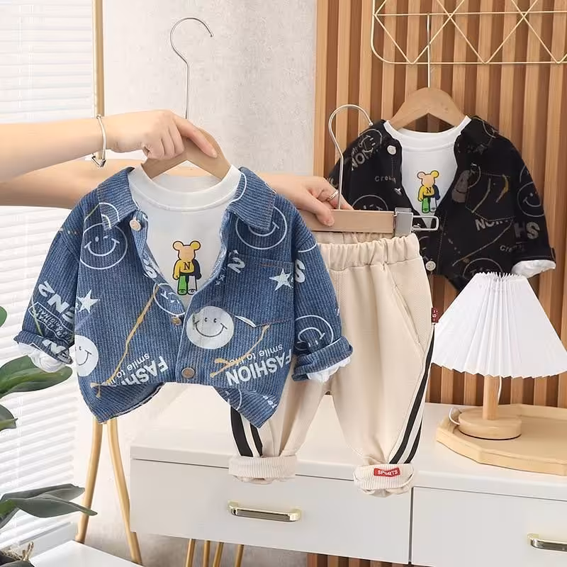 سه تیکه پسرانه وارداتی بچگانه کیفیت تضمینی مناسب حدود سنی 9 ماه تا 5 سال جنس رویه جین اورجینال بلوز دورس پنبه شلوار کتان