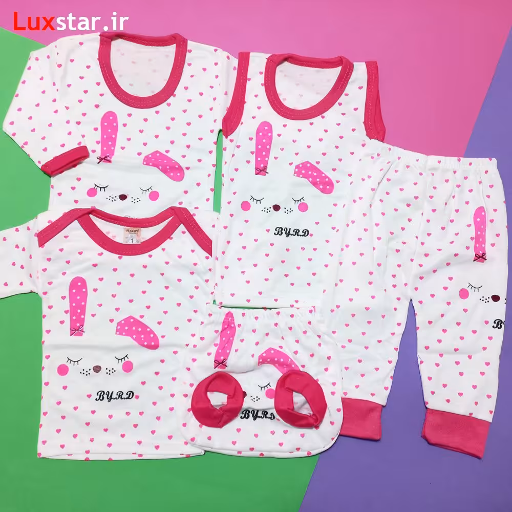 لباس نوزادی 5 تکه طرح خرگوش در دو رنگ صورتی و سرخابی