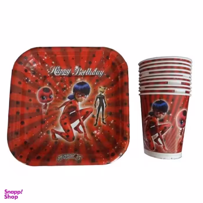 لیوان و بشقاب یکبار مصرف مدل دختر کفشدوزک مجموعه 40 عددی