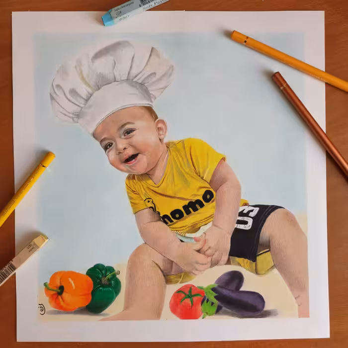 سفارش نقاشی چهره کودک با مدادرنگی سایز A4 تک چهره با بک گراند ساده ی رنگی