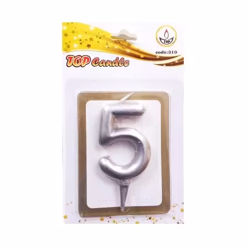 شمع تولد عدد 5 متالیک تاپ نقره ای