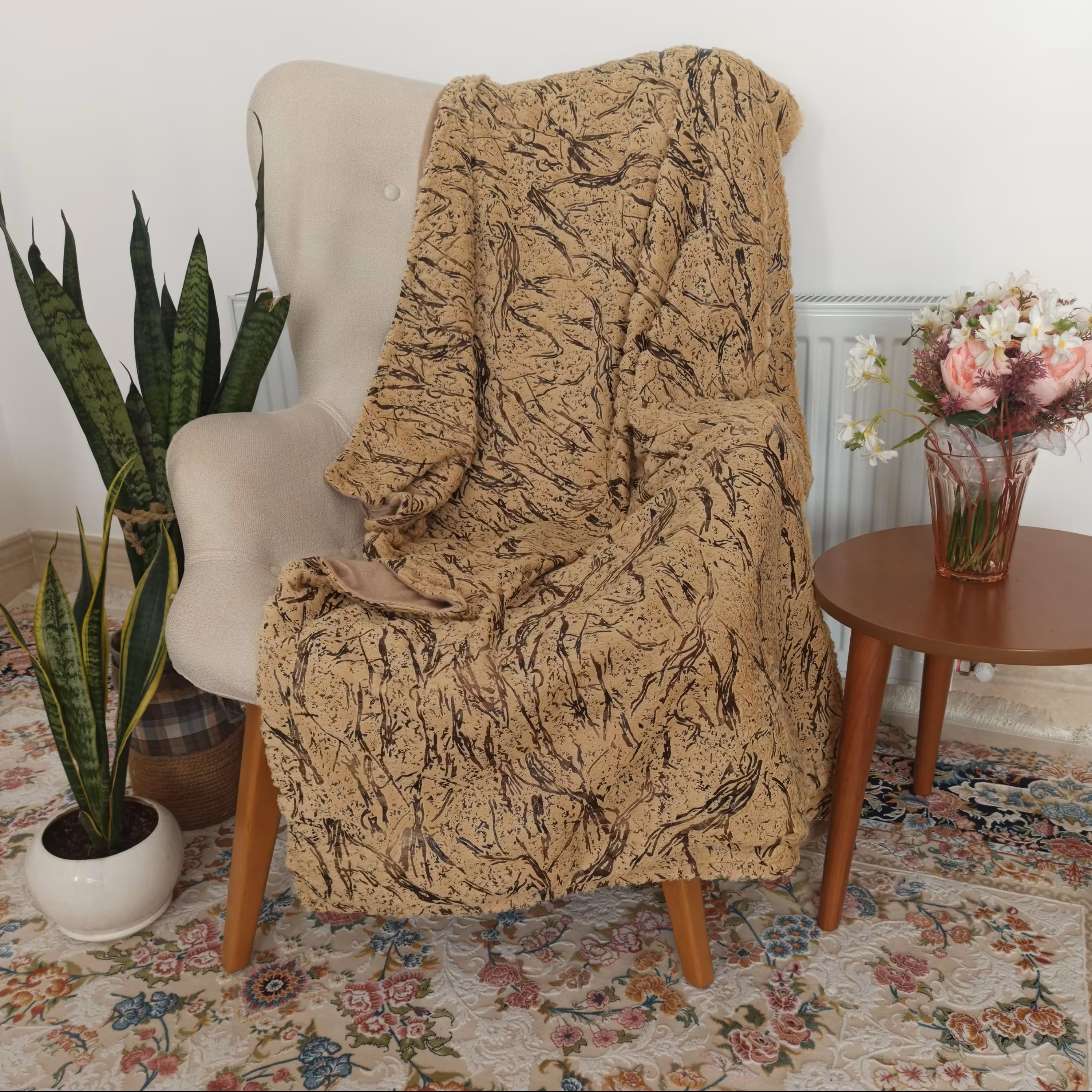 شال مبل طرح پتینه رنگ کرم 100 در 150