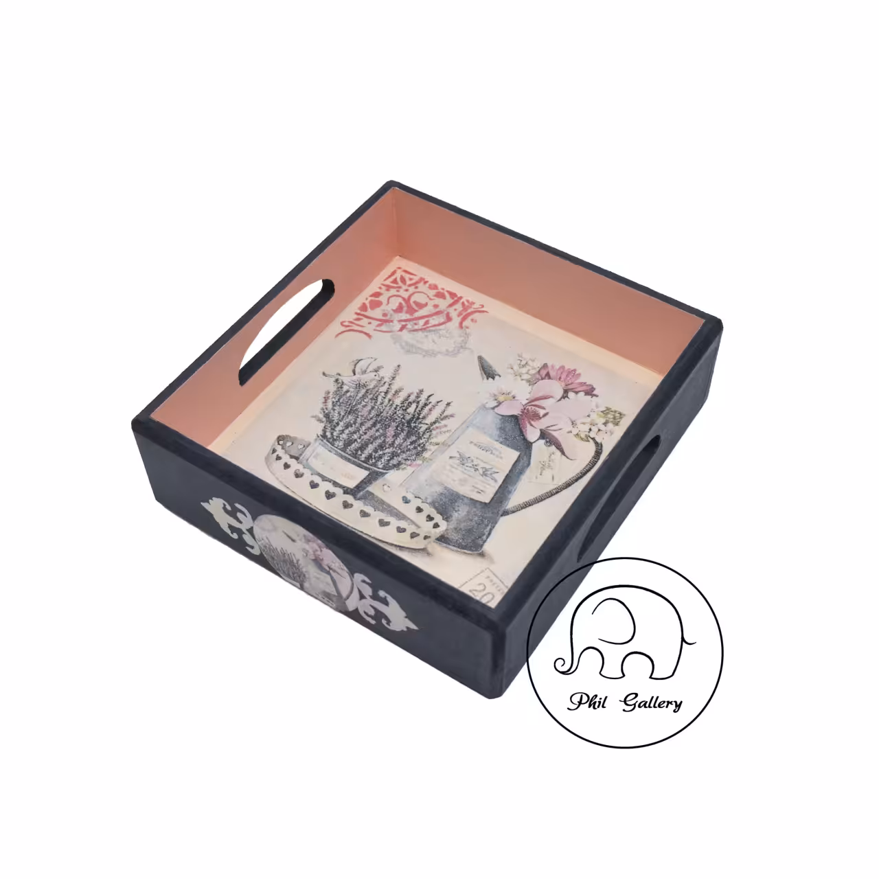 سينی چوبی دکوراتيو رنگ و دکوپاژ شده طرح اروپايی