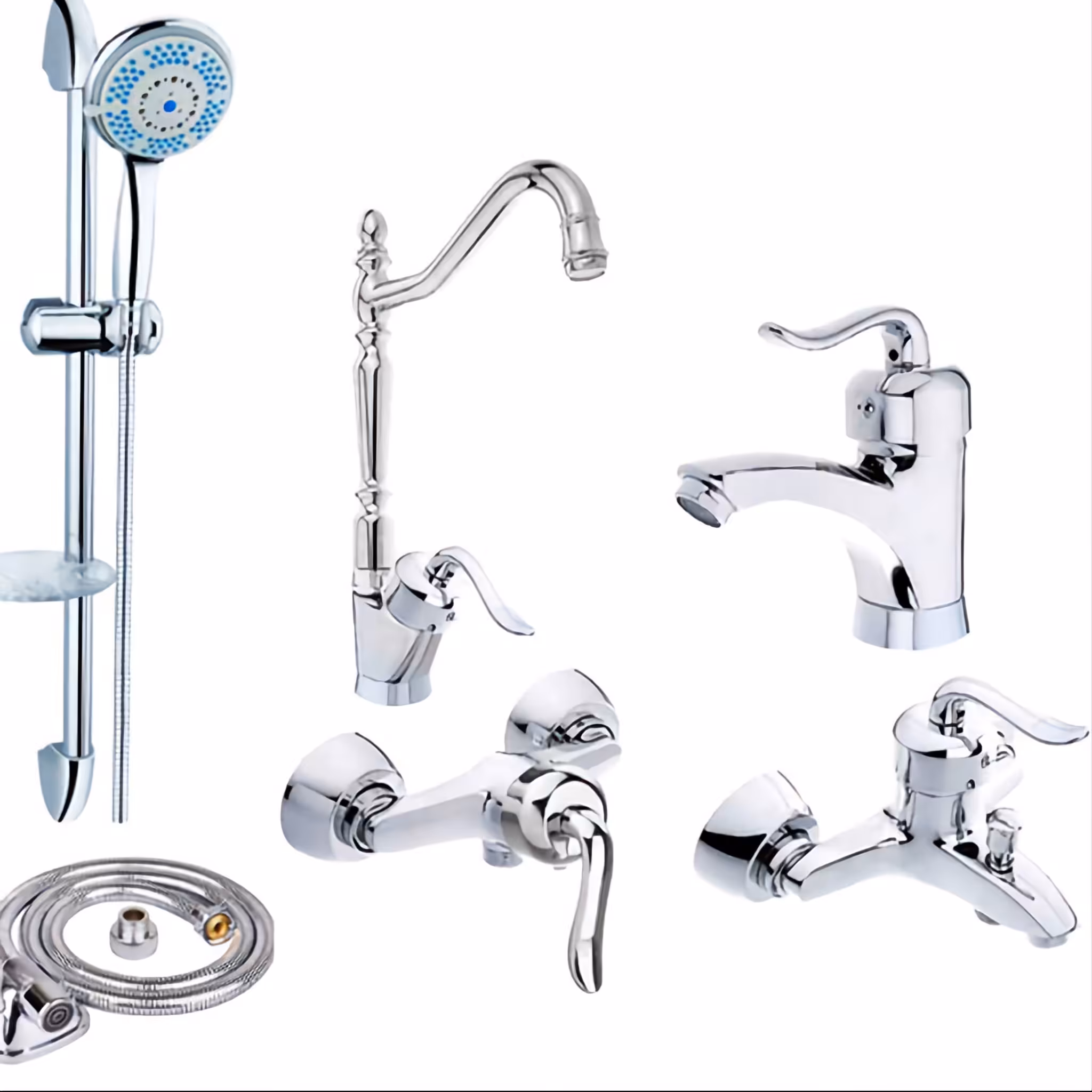 ست 6 تیکه شیرآلات قاجاری کروم به همراه دوش و شلنگ توالت