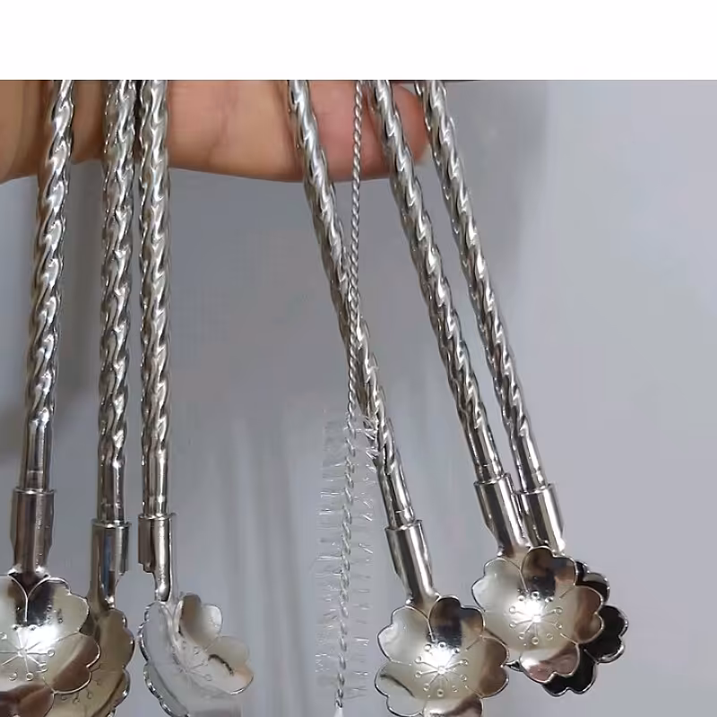 نی شربت خوری قاشق دار طرح گل استیل 6عددی