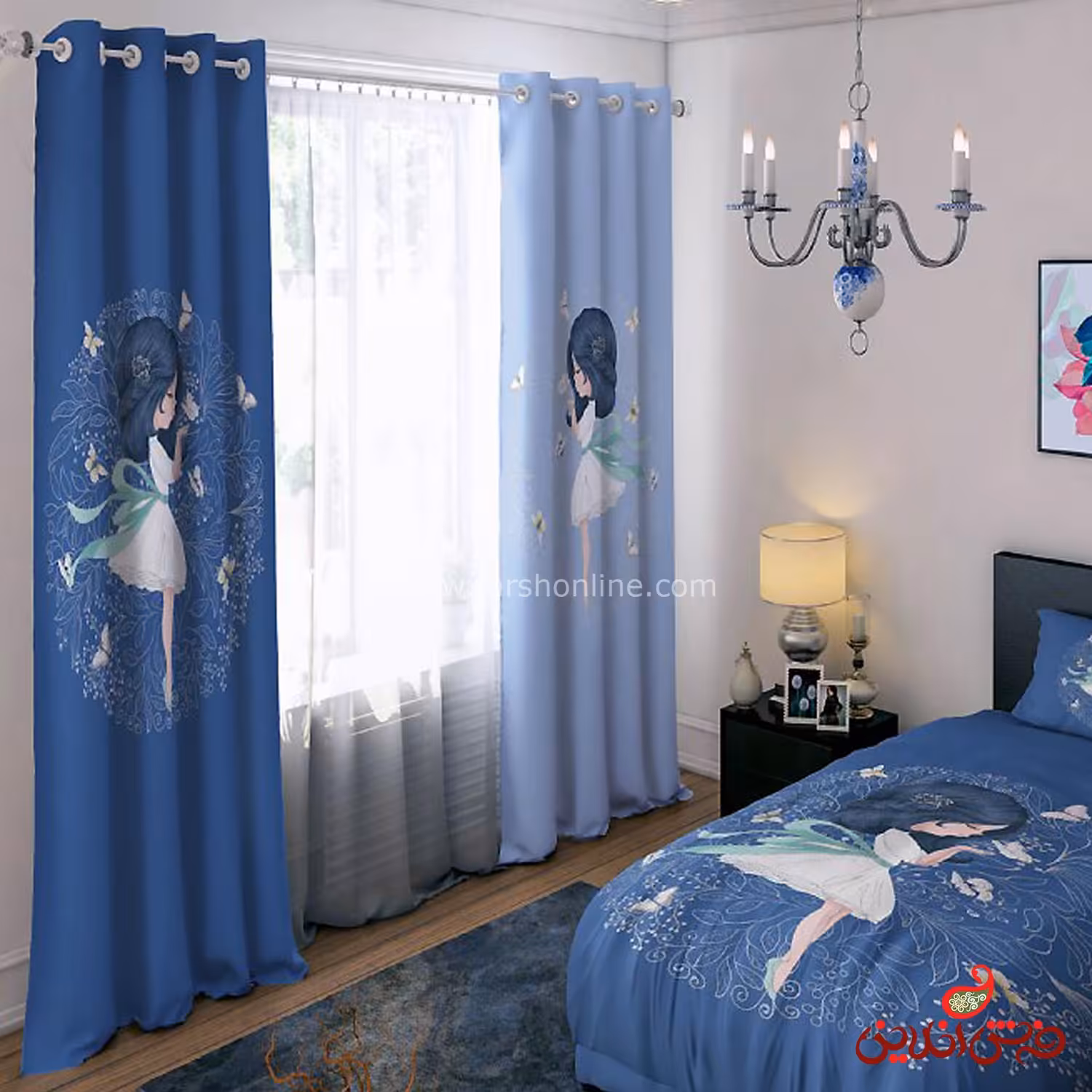 پرده 2 عددی طرح دخنر آبی کد 15157/1