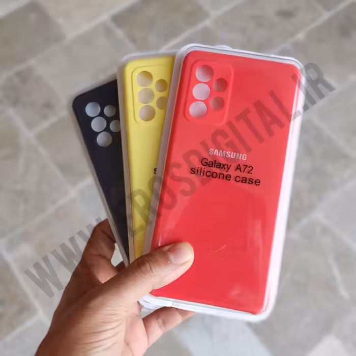 قاب سیلیکونی Galaxy A72 محافظ لنز دار (اصل) - زرد زیر باز