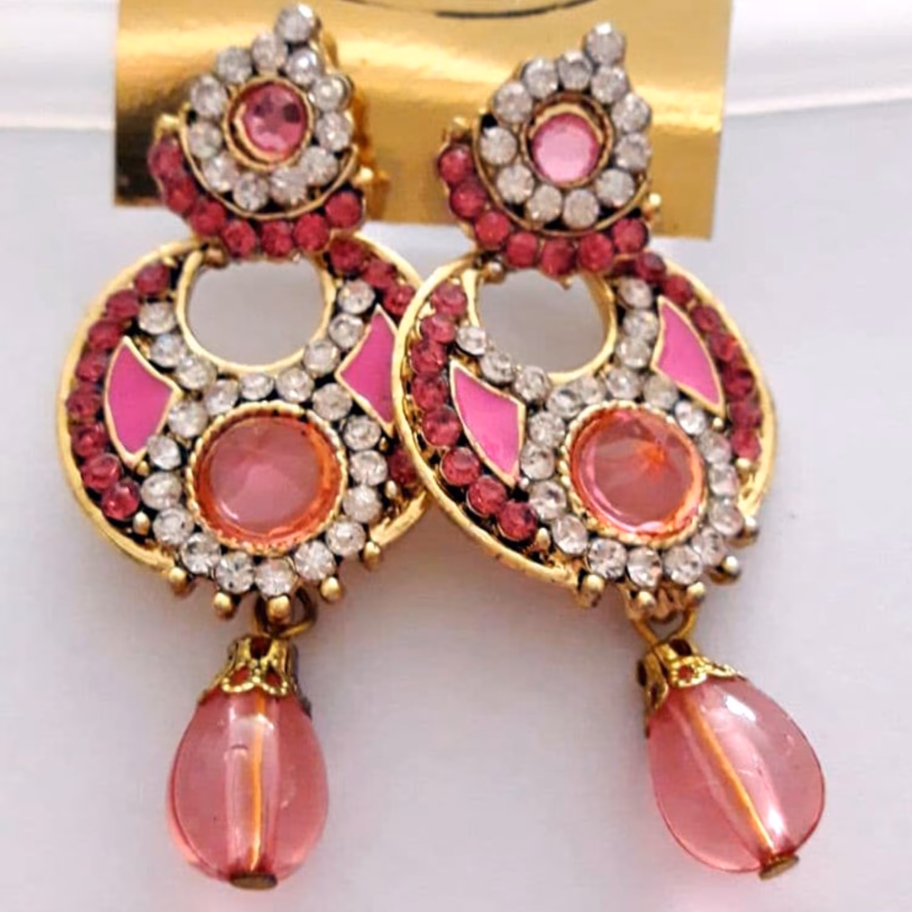 یک جفت گوشواره هندی نگین دار - صورتی - طرح 5