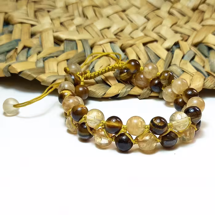 دستبند زنانه و مردانه دو رج بافت سیترین و چشم ببر قهوه ای