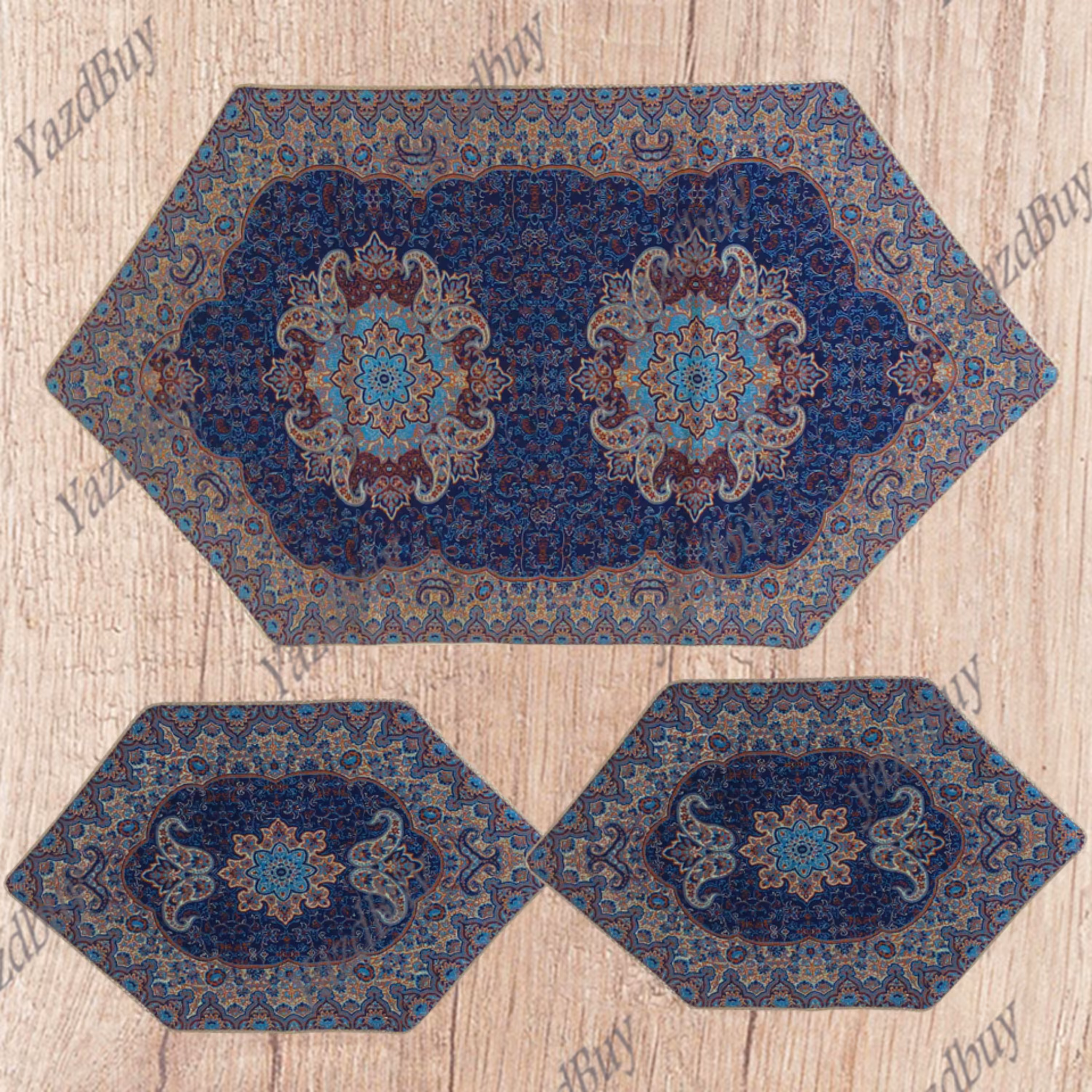 رومیزی ترمه ست 3 تکه طرح نسترن رنگ سرمه ای