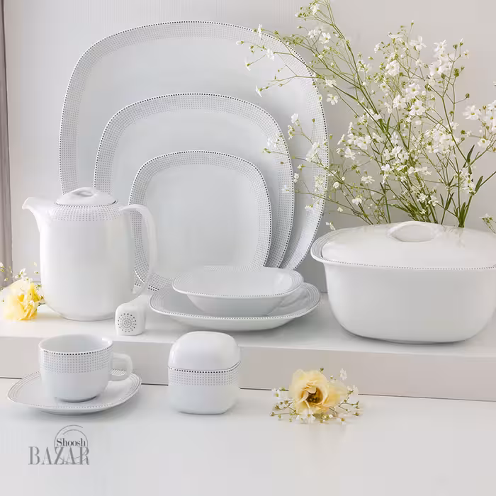 سرویس 98 پارچه چینی زرین طرح لورن پلاتینی 12 نفره