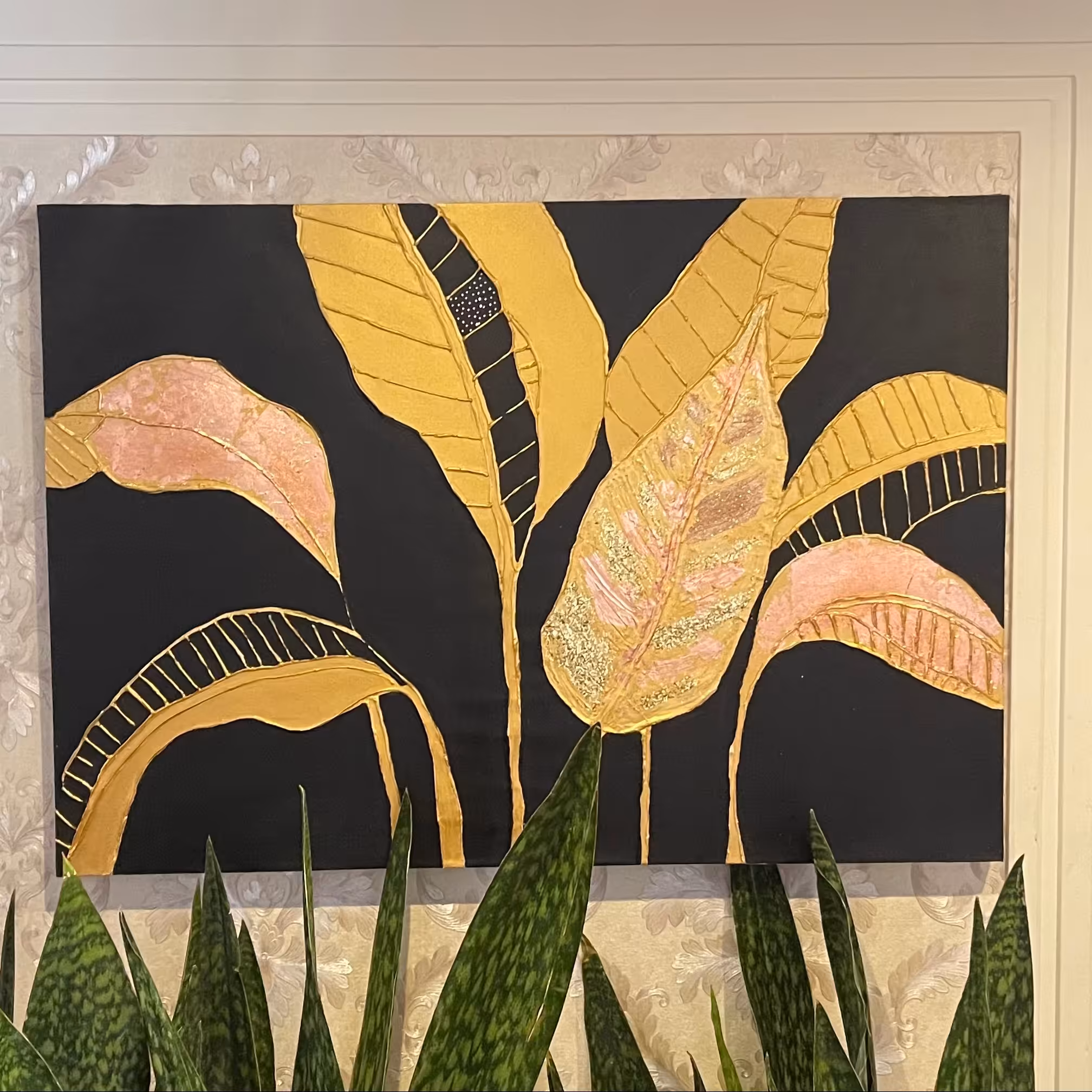 تابلو نقاشی ترکیبی 100 در 70 اکرلیک و تکسچر و ورق مس و اکلیل