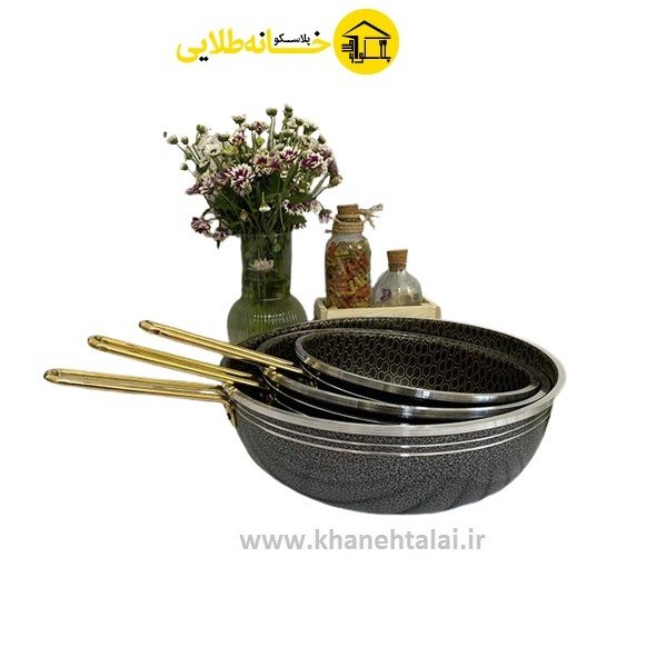 تابه طرح چدن تک دسته زنبوری دسته طلایی