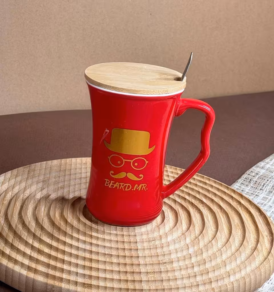 ماگ سرامیکی قاشق دار درب بامبو طرح BEARD MR