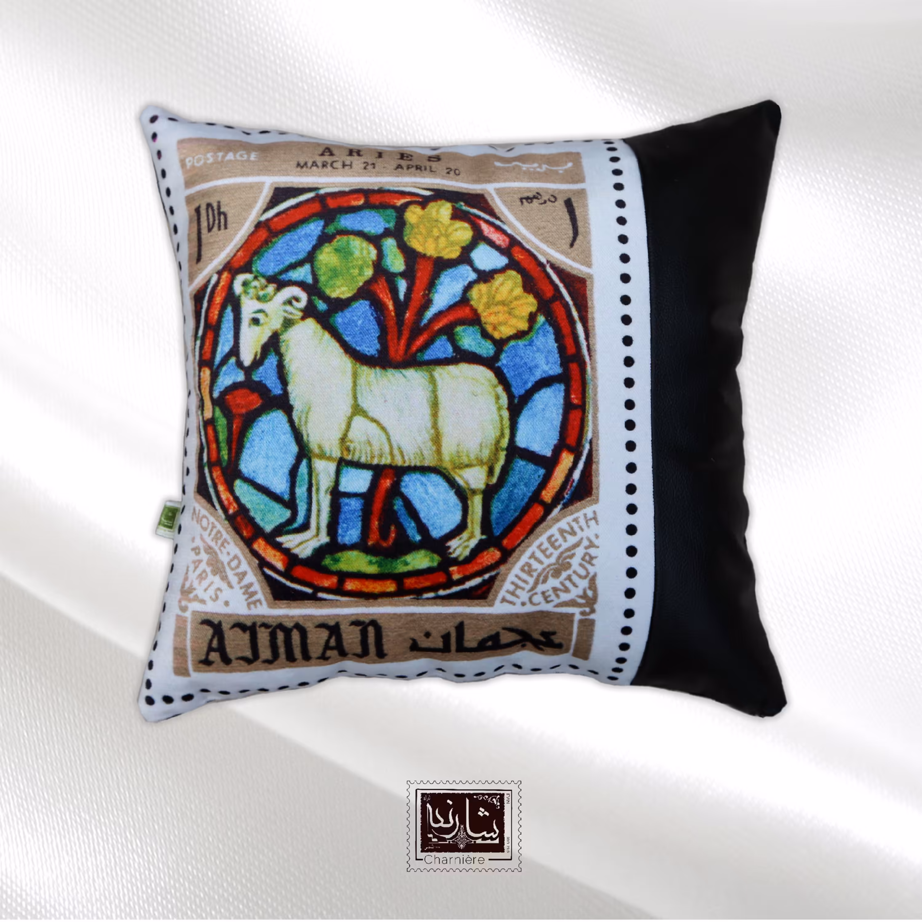 کوسن مخمل شارنیه با طرح تمبر ماه تولد فروردین