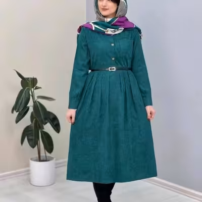 پیراهن مانتویی مخمل کبریتی بلند مدل هلیا