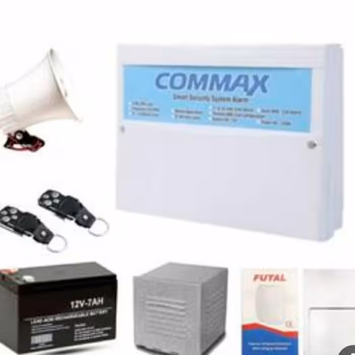 پک کامل دزدگیر اماکن comax شامل پنل و باطری 4ونیم آمپر وبلندگو و کاور بلندگو و چشمی پرو و ده متر سیم دوزوج 