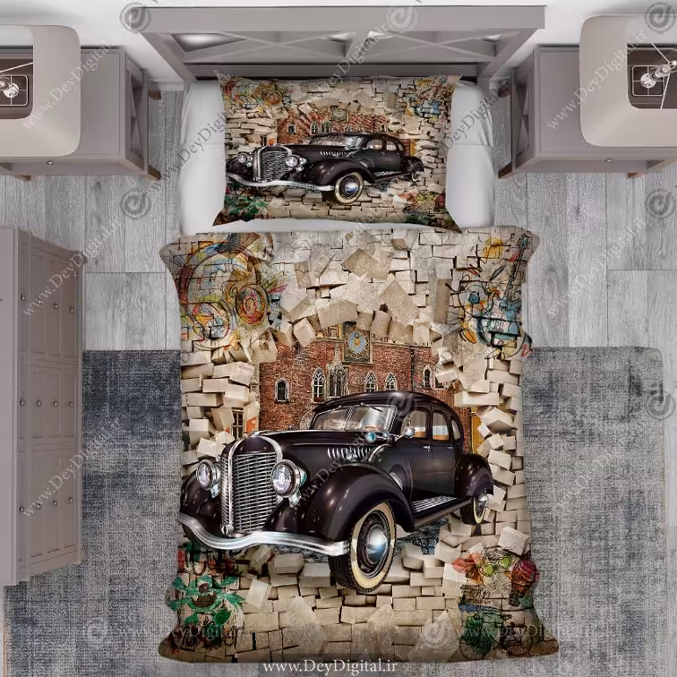 روتختی یک نفره ارزان پسرانه طرح ماشین سه بعدی pk-2919