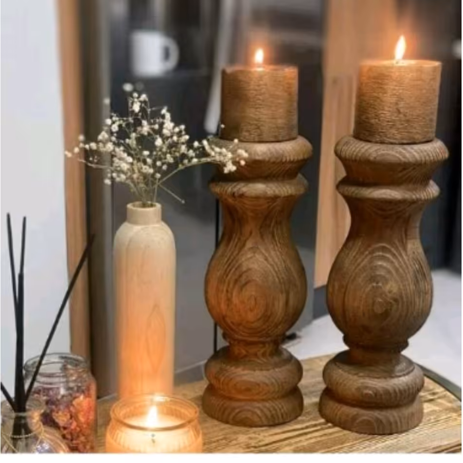 ست دوتایی جا شمعی چوبی چوب روس رنگ طبیعی چوب پوشش سیلر کیلر 