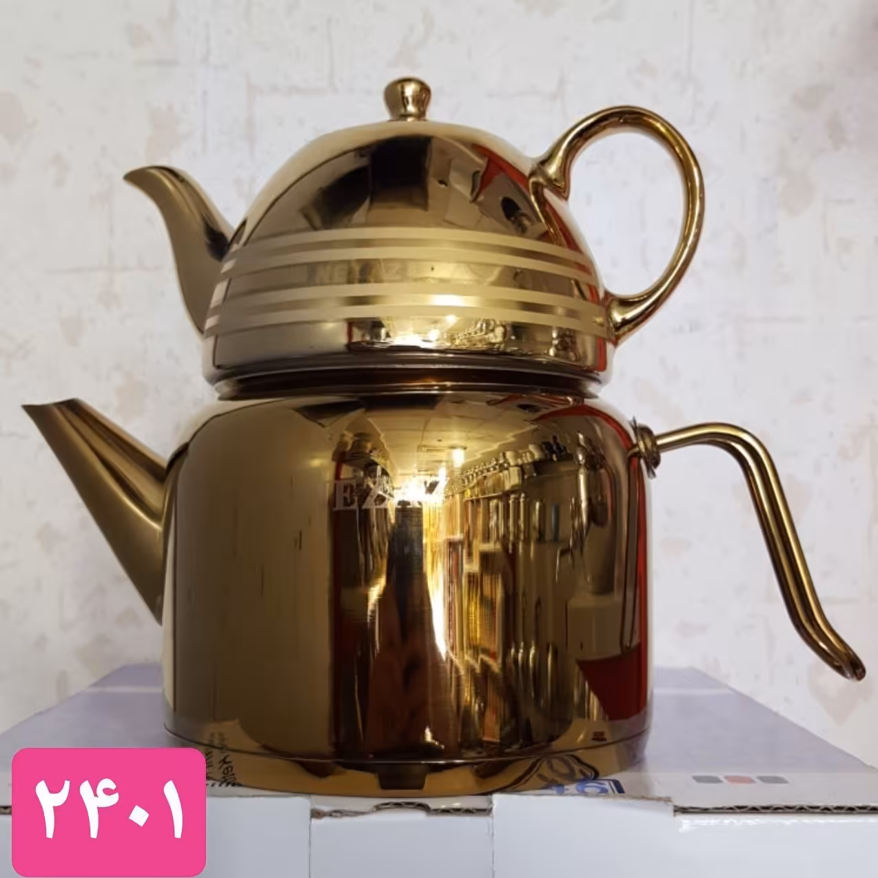 کتری قوری تمام طلایی 3 لیتر کف چدن رنگ ضمانتی