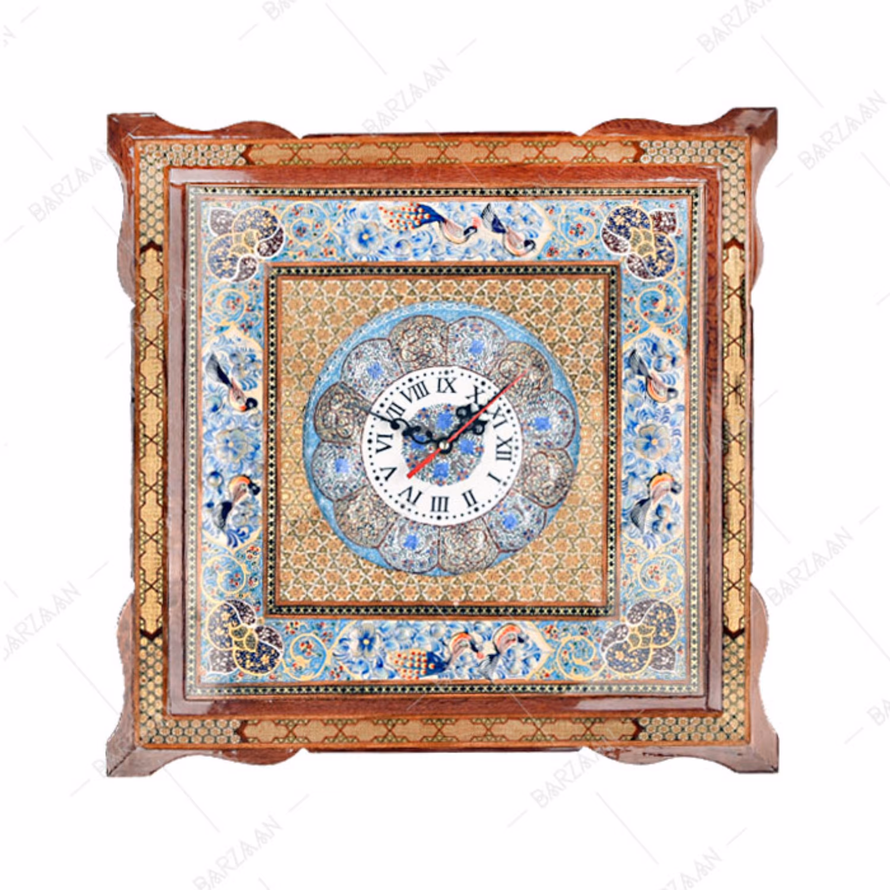 ساعت دیواری خاتم اصفهان با صفحۀ میناکاری سایز 45 در 45