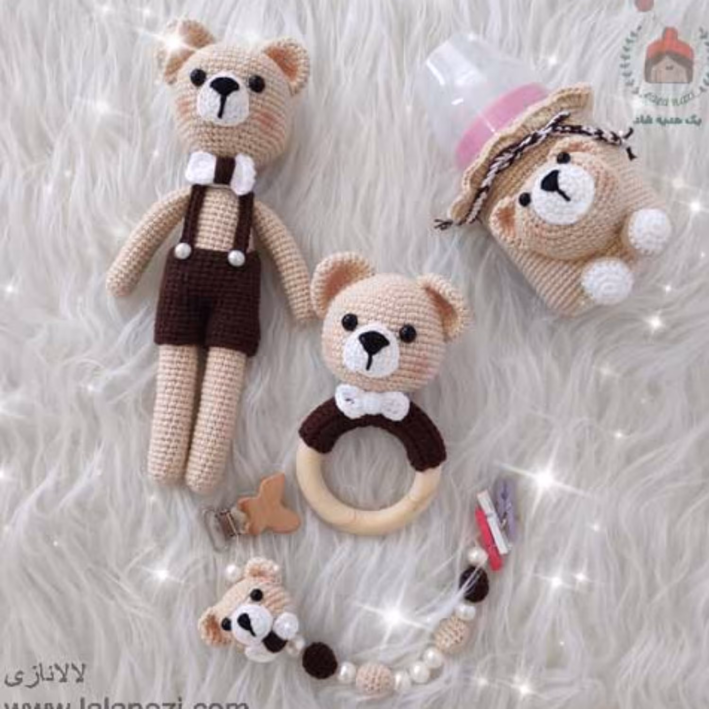 ست عروسک بافتنی و جغجغه طرح خرسی مناسب جهت سیسمونی کودک